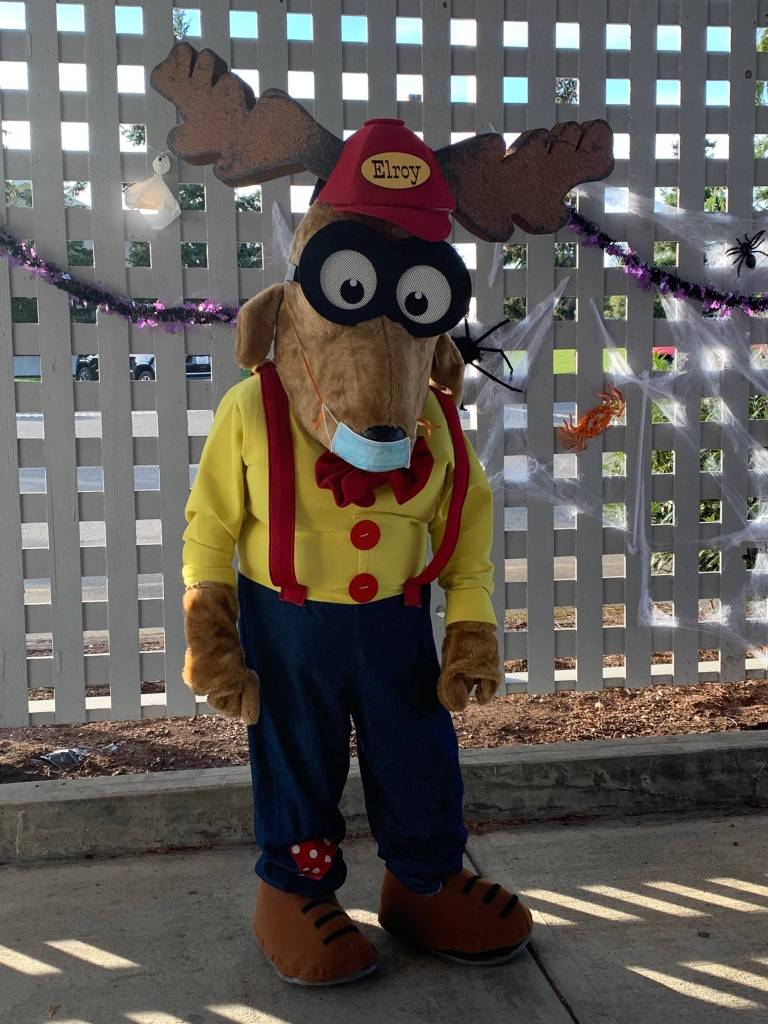 A masked Elroy the Elk greets youths at the Sequim Elks Lodges drive-thru Halloween event on Oct. 31. Submitted photo
