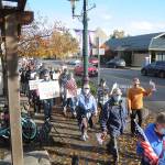 About 40 individuals take part in a gathering and walk in downtown Sequim on Nov. 4 to promote the counting of all ballots in the 2020 general election. Organized in part by Indivisible Sequim, the event was part of a nation-wide rally organized by Protect the Results, a coalition of more than 100 groups formed to protect the results of the election in the case that President Donald Trump refuses to concede. This is America; all our votes must count and be counted, said Elizabeth Schilling, event co-organizer. Sequim Gazette photo by Michael Dashiell