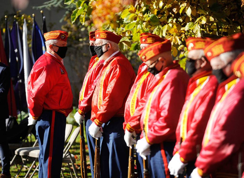 Members of the Marine Corp Leagues Mt. Olympus Detachment help celebrate veterans at a special ceremony at Sequims Pioneer Memorial Park on Nov. 11. Sequim Gazette photo by Michael Dashiell