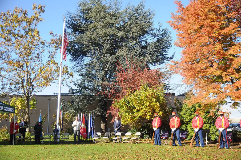 Tom Ferrell, a U.S. Air Force veteran and City of Sequim deputy mayor, addresses a crowd at a special Veterans Day ceremony at Pioneer Memorial Park on Nov. 11. Sequim Gazette photo by Michael Dashiell