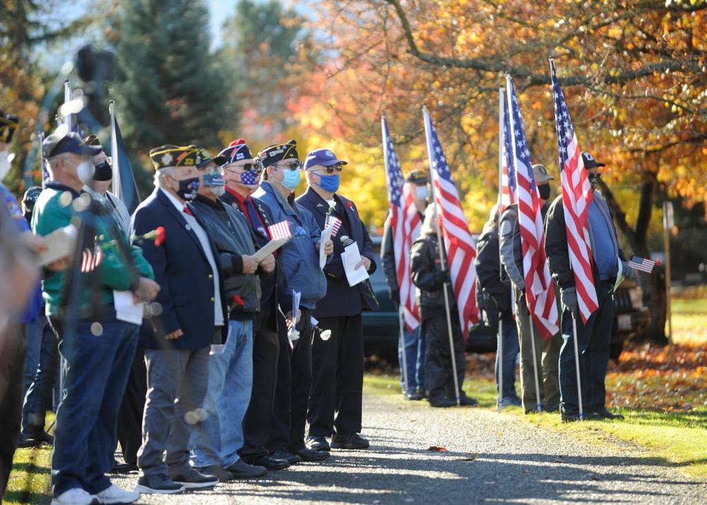 Veterans and their families  about 125 in all  enjoy a special Veterans Day presentation on Nov. 11 at Pioneer Memorial Park. The event was hosted by Jack Grennan Post 62 American Legion, Michael Trebert Chapter-NSDAR and the Sequim Prairie Garden Club. Sequim Gazette photos by Michael Dashiell