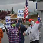 Virginia and Roger Huntsman of Sequim gather with fellow supporters of President-Elect Joe Biden and Vice-President Kamala Harris. Virginia said she hopes we can draw this country together under God and get rid of all the vitriol and hatred. Sequim Gazette photo by Matthew Nash