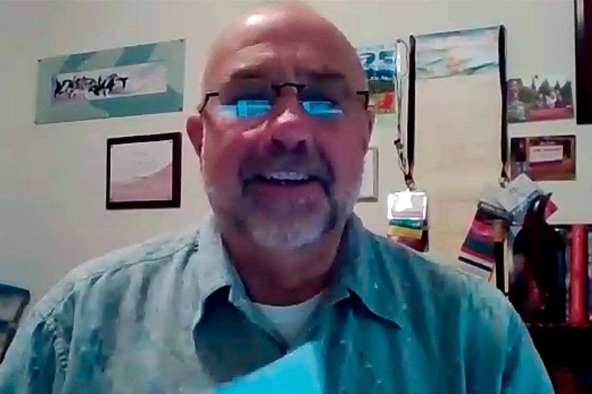 Jim Stoffer, a Sequim School District board director, shared multiple priorities with legislators on Monday that include expansion of broadband services, fully funding education, and funding the McKinney-Vento Homeless Assistance Act. Photo: Zoom screen shot