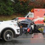 Four people were sent to Port Angeles and Seattle on Friday afternoon after a collision at the intersection of US Highway 101 and Carlsborg Road. Sequim Gazette photo by Michael Dashiell