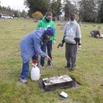 Jan Urfer, secretary with the Michael Trebert Chapter of the Daughter of the American Revolution, works with scouts Hunter Halverson and Cayden Beauregard from Sequim Troop 90 to clean headstones and grave markers at Sequim View Cemetery on Nov 28.