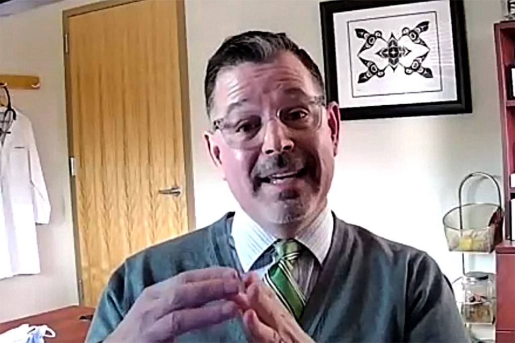 Dr. Paul Cunningham, chief medical officer for the proposed MAT clinic, was called in as a rebuttal witness by the Jamestown SKlallam Tribe. He said there are no plans to add additional housing north of the proposed facility and current MAT patients dont set up tents or in neighborhoods around town. Photo Zoom screen shot