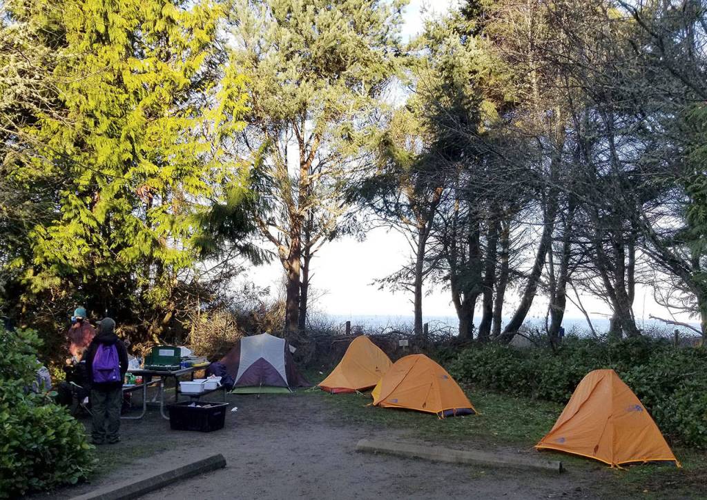 Members of Scouting BSA Troop 1498 enjoy a camping trip at the Dungeness Recreation Area this month. Scouts observe COVID-19 health guidelines by using single-person tents and avoiding eating together, local scout leaders say. Photo courtesy of Peter Craig
