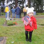Adelyn Tordini, 19 months, of Whidbey Island, enjoys collecting tiny American flags at the Sequim View Cemetery following the Wreaths Across America event on Dec. 19. Tordini is the granddaughter of Judy Tordini, one of the events organizers.