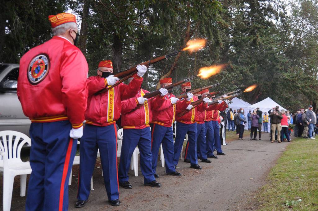Members of the Mt. Olympus Detachment Marine Corps League offer a gun salute at Saturdays Wreaths Across America event in Sequim. Sequim Gazette photos by Michael Dashiell