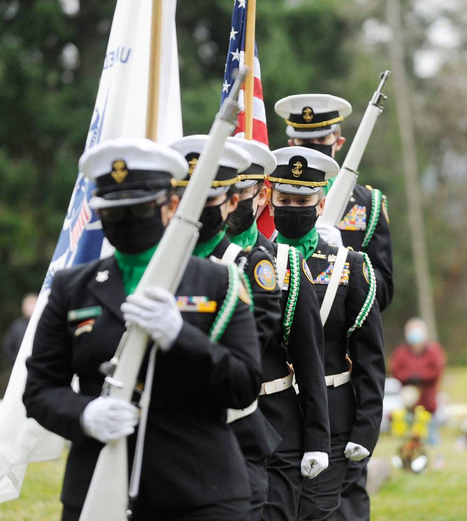 Members of the Port Angeles NJROTC program present the colors at the 2020 Sequim Wreaths Across America event on Dec. 19. Sequim Gazette photo by Michael Dashiell