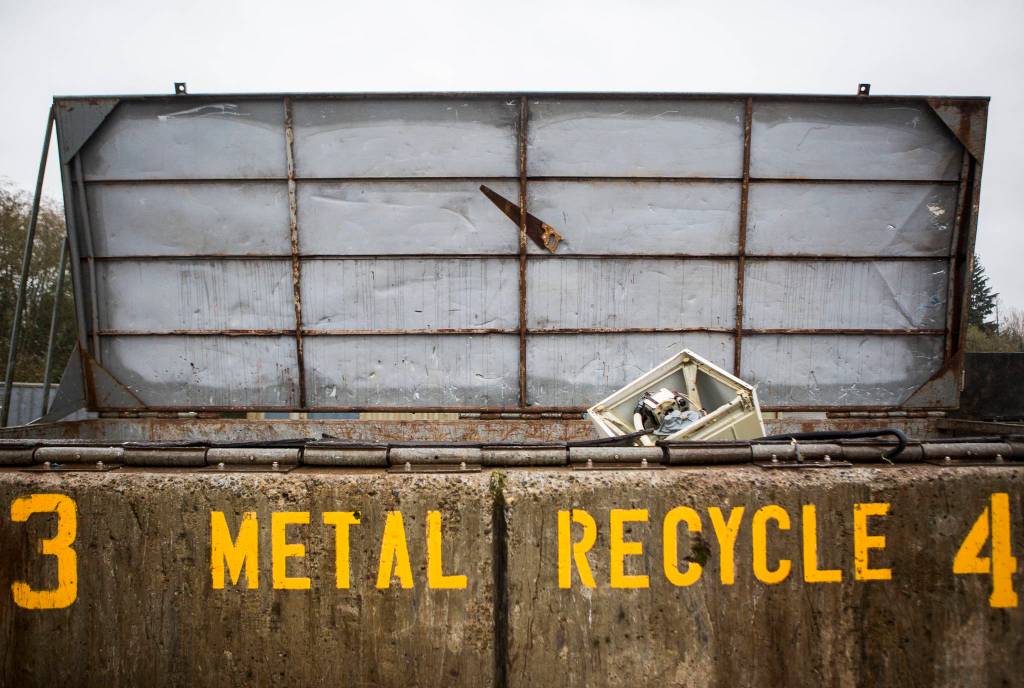 Metal appliances and other metal items fill a recycling container at the Airport Road Recycling & Transfer Station on Nov. 24 in Everett. Photo by Olivia Vanni/The Herald (Everett)