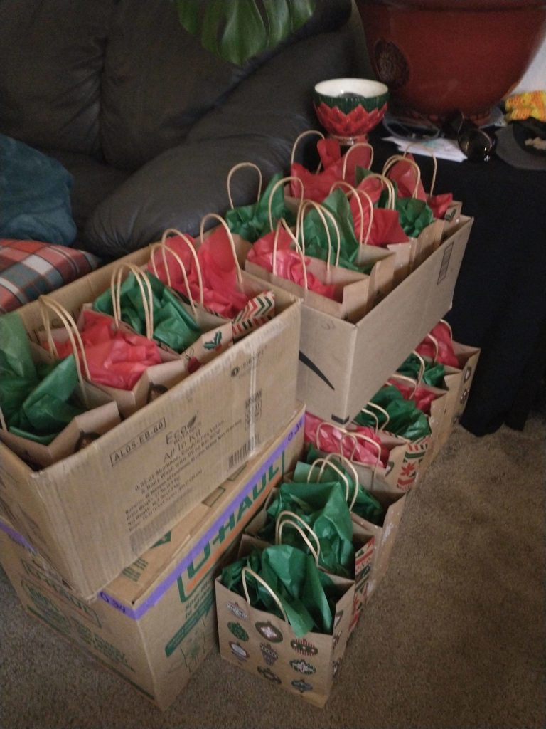 This year, Sequim freshman River Jensen bagged and sent out 575 care packs of toiletries and day-to-day items to local agencies. Photo courtesy of Anna Larsen