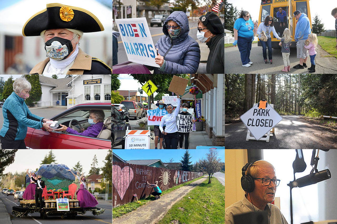Some of the top news stories in Sequim in 2020 include (center) local Black Lives Matter protests in early and mid-June, along with (clockwise from left): continued mask restrictions across the area, displayed here by George Washington re-enactor Vern Frykholm at the Northwest Colonial Festival; Clallam County once again picking presidential winner, the nations longest streak that dates back to 1980; Sequim School District providing meals on wheels as students adjust to learning remotely for most of the year; parks across the region shut down in March to help stem the spread of COVID-19; Sequim mayor William Armacost draws criticism for airing his QAnon views during a Coffee With the Mayor program; community embers look to stay positive during the pandemic with projects such as Katie Smiths mural; the Sequim Irrigation Festival keeps rolling along as the states longest-running community festival, albeit mostly virtual, and Sequim Prairie Grange members mirror the new normal with a drive-thru ice cream social. Sequim Gazette/submitted photos