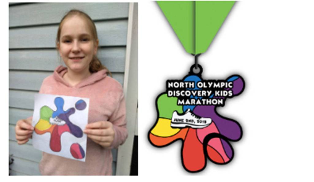 Abby Sanford displays her award-winning artwork that was featured on the 2018 North Olympic Discovery Kids Marathon. Submitted photos