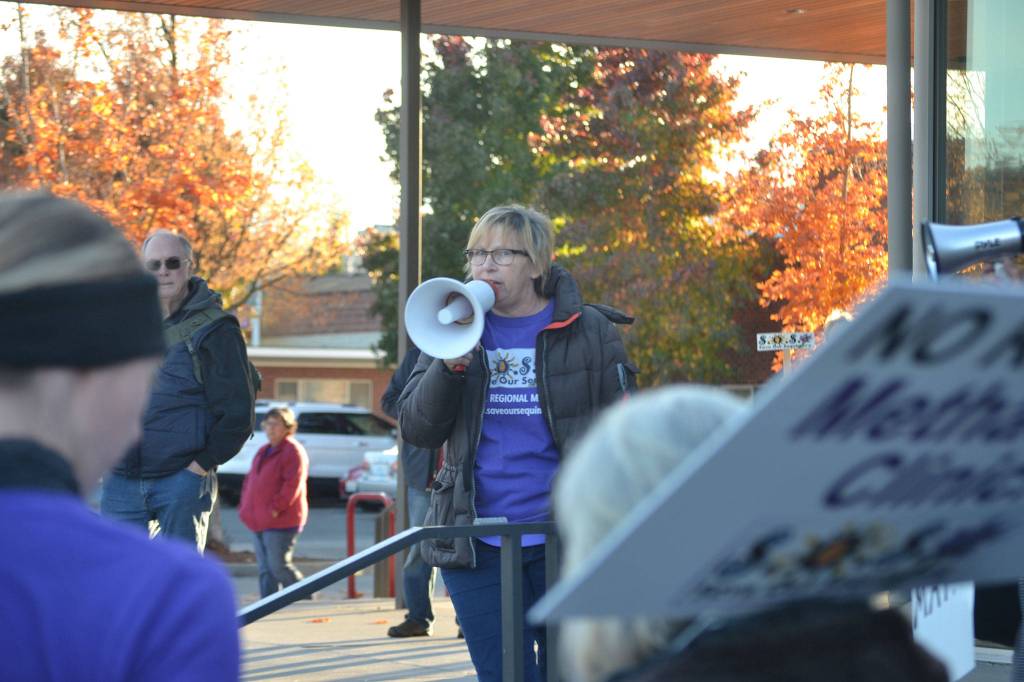 Jodi Wilke, chair for Save Our Sequim, spoke on Oct. 28, 2019 outside the Sequim Civic Center saying the Jamestown SKlallam Tribes proposed medication-assisted treatment clinic falls within a public evaluation process that should be rigorous and complete. Sequim Gazette file photo by Matthew Nash