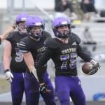 (75) celebrates a fumble recovery in the sequim half of Sequims 38-0 victory over visiting Bainbridge in Feb. 20. Sequim Gazette photo by Michael Dashiell