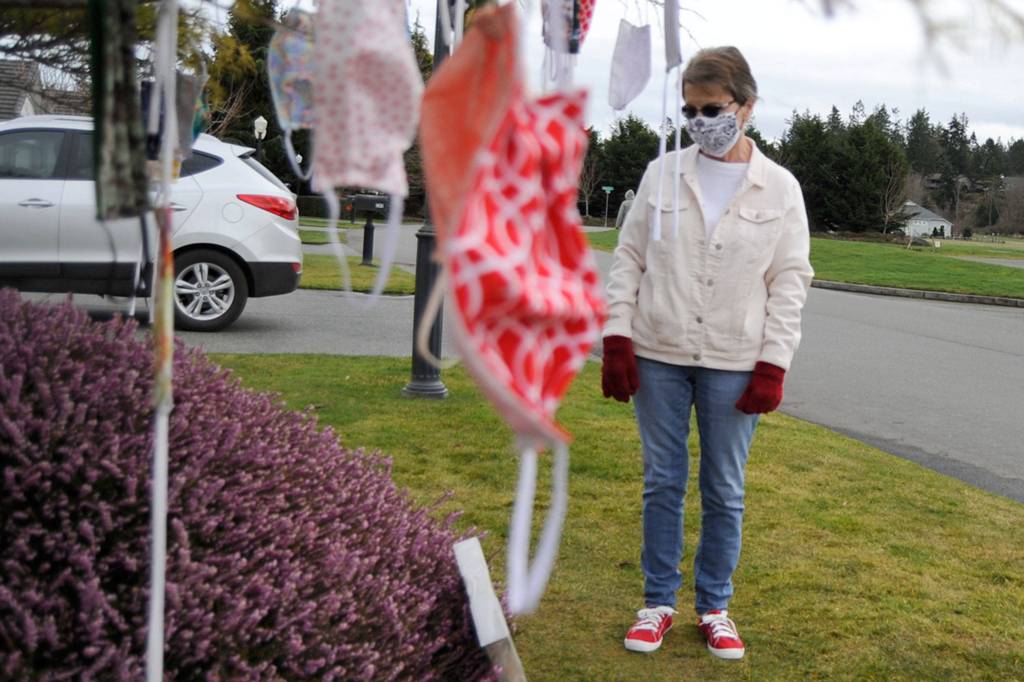 Kathy Tiedeman stands in front of the mask tree, or Giving Tree as some neighbors call it in front of Danette Bemis house. Since last April, she, Bemis and Krista Rambow have made more than 4,500 cloth masks to give to the community. Sequim Gazette photo by Matthew Nash