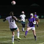 Port Angeles Jada Cargo (19) and Sequims Bailey Geniesse (7) look to control a bounding ball in the first half of a match-up between cross-peninsula rivals on Feb. 26. Port Angeles Emilia Long (10) and Sequims Abby Schroeder (16) look on. Sequim Gazette photo by Michael Dashiell
