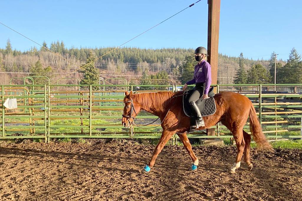 Sequims Libby Swanberg, with Fiona, prepares to vie for a top spot in the jumping competition at the first district meet of the season in late February. Swanberg finished in second place. Submitted photo