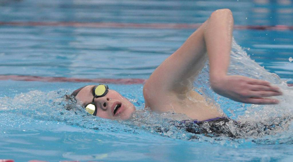 Mia Coffman looks to ear a strong finish in the 200 free as she and the Wolves wrap up the regular season at YMCA of Sequim on March 5. Sequim Gazette photo by Michael Dashiell
