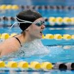 Sequims Melanie Byrne competes in the 100 breaststroke in the Wolves final regular season meet on March 5.