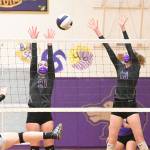Sequims Kalli Wiker (21) and Kendall Hastings look for a block as the Wolves take on  and beat  Klahowya on March 8 at home. Sequim Gazette photo by Michael Dashiell