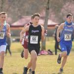 Sequim High freshman Colby Ellefson, center, races in the Olympic League championship race on March 13 at Battle Point Park on Bainbridge Island. Sequim Gazette photo by Michael Dashiell