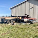 A Port Angeles man was transported to Olympic Medical Center with non-life-threatening injuries after his vehicle reportedly drifted off U.S. Highway 101 and into a building near River Road in Sequim last week. Photo courtesy of Washington State Patrol