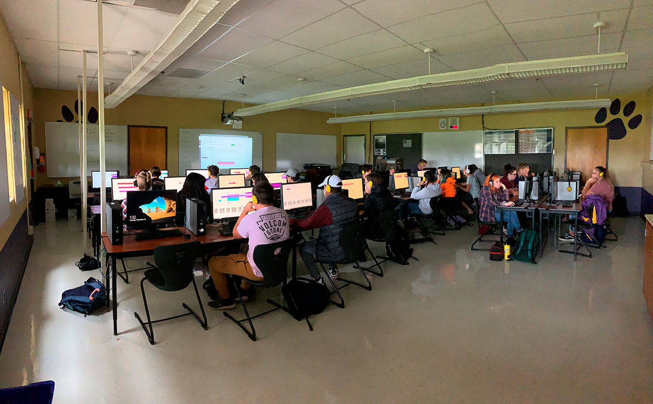 Sequim High School students explore music lessons in a Sequim Education Foundation-funded High School Music Lab in 2019-2020. Submitted photo