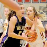 Sequim Wolves forward Hope Glasser drives through traffic in a West Central District match-up with White River in February 2020. Glasser hits the court for Peninsula College this spring. Sequim Gazette file photo by Conor Dowley
Sequim Wolves forward Hope Glasser drives through traffic to attempt a layup in the third quarter of the Wolves 57-53 loss to the White River Hornets on Feb. 20. Glasser scored seven of the Wolves first 10 points and 11 overall, but the Wolves came up short in the final few minutes against the Hornets in a district playoff loser-out game on Feb. 20 to qualify for the regional round of the 2A State Championships. Conor Dowley/Olympic Peninsula News Group