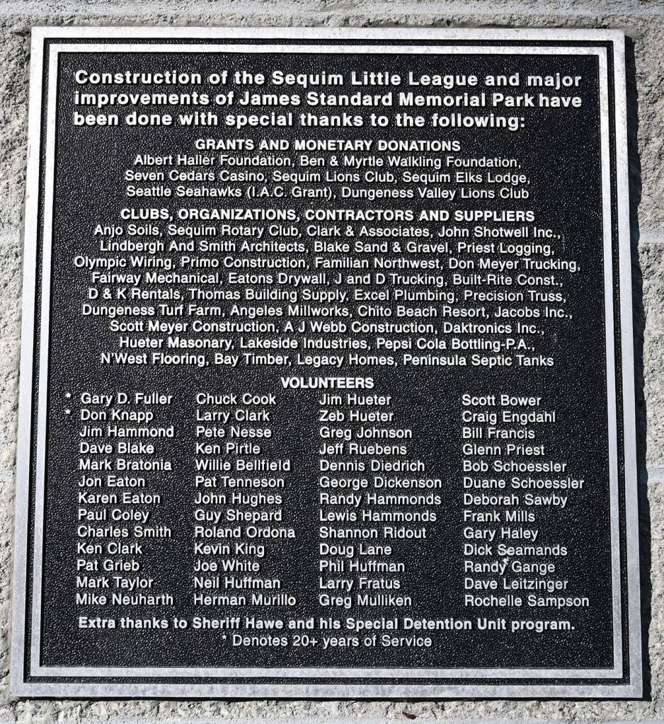 A plaque at James Standard Memorial Park honors volunteers  including Donald Knapp  for their effort to build and maintain the park over the years. Family and friends honor Knapp with special events on April 11. Sequim Gazette photo by Michael Dashiell