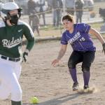 Michael Dashiell/Olympic Peninsula News Group
Sequim third baseman Kailin Lopez makes a play to throw out Port Angeles' Taylor Worthington in the fifth inning of PA's 11-6 win over Sequim on March 30.