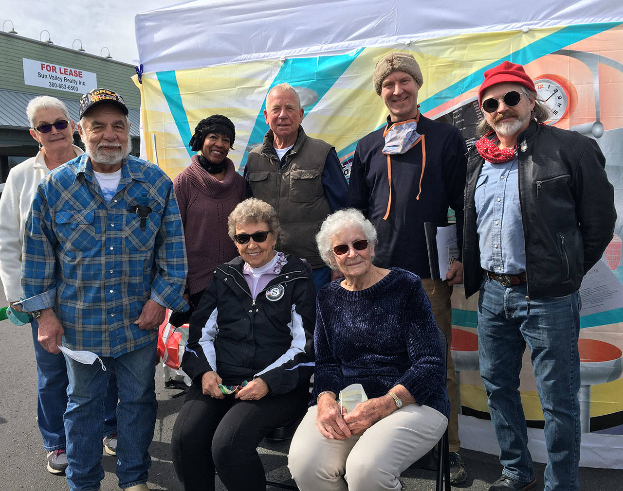 Volunteers from the Brinnon Food Bank enjoy the RSVP Volunteer Appreciation event in Sequim on April 1. Pictured are (back row, from left) Eloise Langenbach, Beverly Clark, Mike Langenbach, Gustav Sculptor and Larry Steiner, with (front row, from left) Larry Hartley, Doris Muir and Jacque Hartley. Photo by Imelda Walters