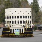 Sequim Irrigation Festival organizers reveal the Rome-themed float at 7 Cedars Hotel and Casino on Saturday. Sequim Gazette photos by Michael Dashiell