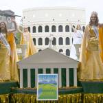 Sequim Irrigation Festivals 2021 royalty get their first look at the float set for this years schedule of parades at a reveal event April 3 at 7 Cedars Hotel and Casino. Pictured, from left, are princesses Allie Gale and Zoee Kuperus, queen Hannah Hampton and princess Sydney VanProyen.