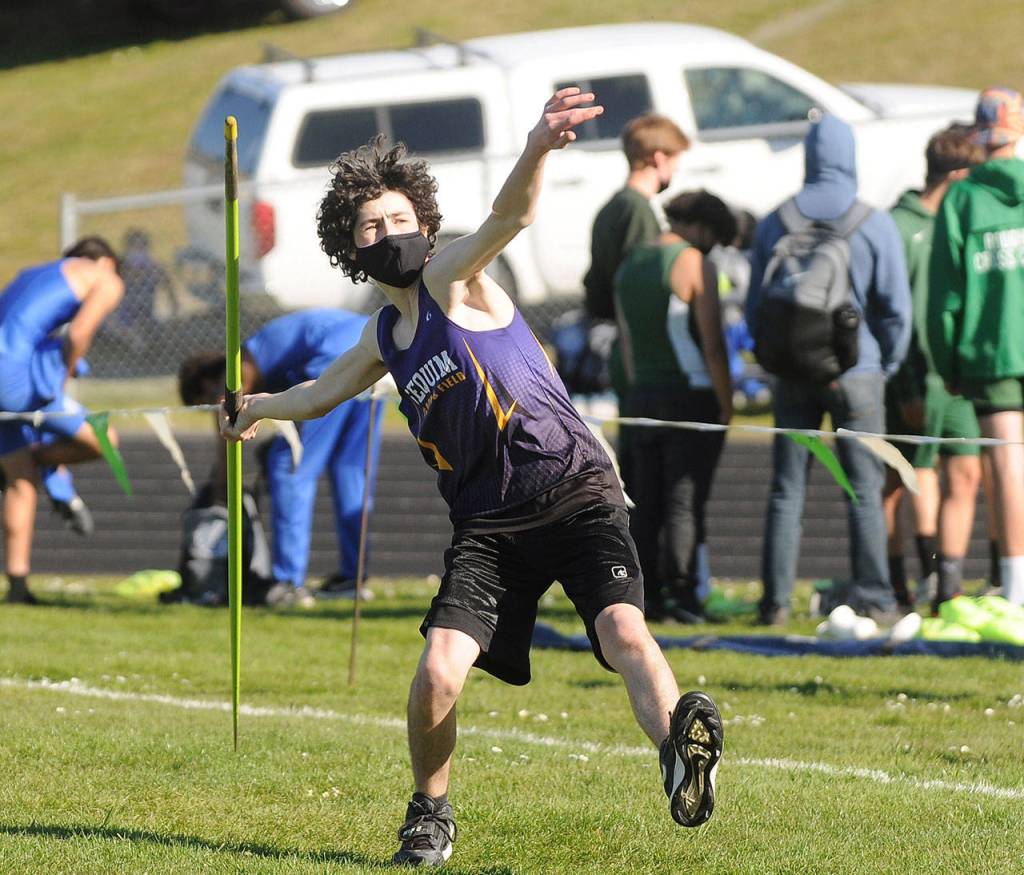 Sequims Ayden Humphries finishes eighth in the javelin with a throw of 97 feet, 5 inches, at the April 14 league meet in Port Angeles. Sequim Gazette photo by Michael Dashiell