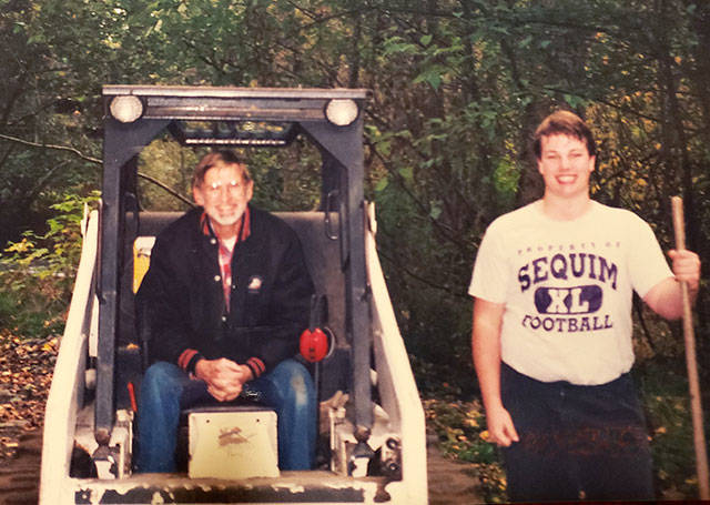 Rotarian Bryce Fish and Eagle Scout candidate Tristan Sanford take a break from their work at the Dungeness River Center in 1995. Fish helped Sanford construct a loop trail through the woods to the rivers edge on the northeast side of the park for his Eagle Scout project. Fish and his wife Gail, who passed in November 2019 and February 2020, respectively, saw their gift to the Sequim Sunrise Rotary Foundation go to the River Center last week to help with its major renovation. Photo by Betty Graf