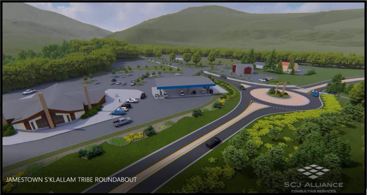 Officials with the Jamestown SKlallam Tribe continue to explore funding options for a proposed $2.5 million roundabout at the Sophus Road intersection near the Longhouse Market & Deli. Conceptual design from Jamestown SKlallam Tribe
