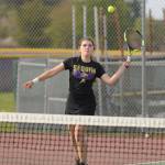 Sequims Allie Gale and doubles partner Melissa Porter (not pictured) take on Bremertons Liza Allen and Connie Quenga in Sequim on April 21. Gale and Porter won in straight sets, 6-0 and 6-0.