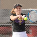 Sequims Melissa Porter and doubles partner Allie Gale (not pictured) take on Bremertons Liza Allen and Connie Quenga in Sequim on April 21. Gale and Porter won in straight sets, 6-0 and 6-0. Sequim Gazette photo by Michael Dashiell