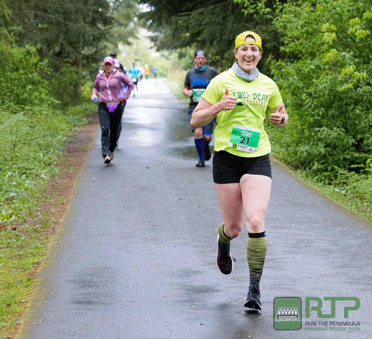 Elizabeth Boyden of Port Angeles takes top honors in the Railroad Bridge 10k on April 24, the second of the 2021 Run the Peninsula series. Photo by Port Angeles Marathon Association