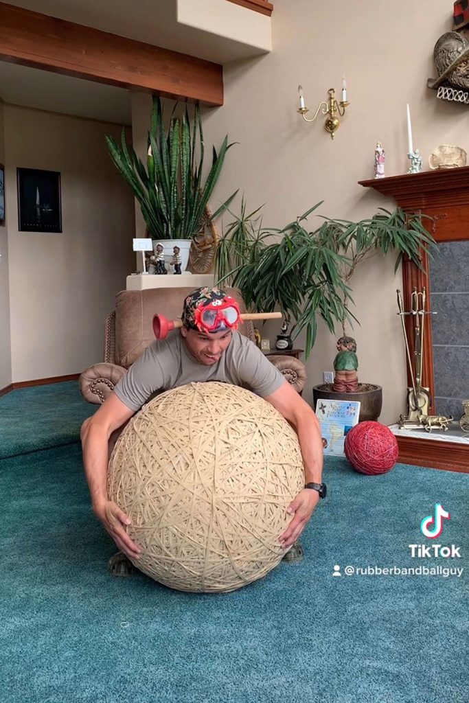 The last time Jayson Brocklesby said he was able to lift his rubber band ball was when it weighed 200 pounds. Now at 400 pounds, its getting harder to move, he said. Photo courtesy of Jayson Brocklesby