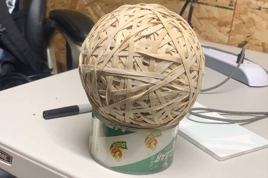 Last May, this is what Jayson Brocklesbys growing rubber band ball looked like. Now, its more than 400 pounds. Photo courtesy of Jayson Brocklesby