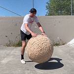 Jayson Brocklesby, aka Rubber Band Ball Guy, has taken his giant ball across the peninsula for video-ops, including at the Sequim Skate Park. His goal is to make a 500 pound ball. Photo courtesy of Jayson Brocklesby