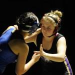Sequims Petra Bernsten, pictured here wrestling a competitor from olympic in January 2020, is one of just a handful of returning grapplers for the Wolves wrestling team in 2021. Sequim Gazette file photo by Michael Dashiell