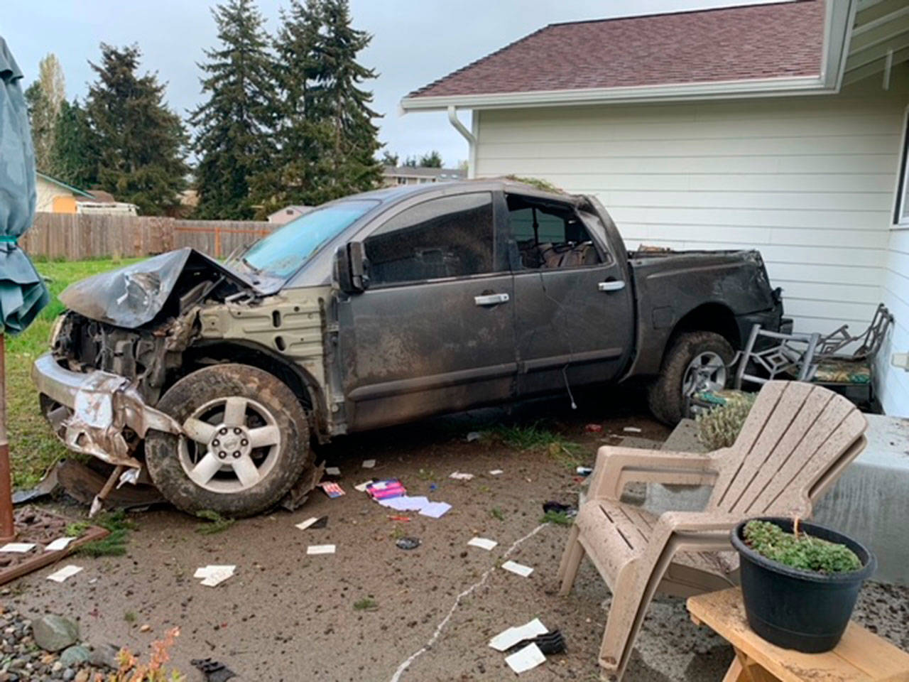 Clallam County deputies responded to a vehicle striking a home on the 1000 block of Woodcock Road in Sequim on April 30. Photo courtesy of Clallam County Sheriffs Office