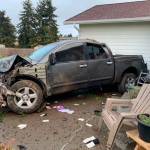 Clallam County deputies responded to a vehicle striking a home on the 1000 block of Woodcock Road in Sequim on April 30. Photo courtesy of Clallam County Sheriffs Office