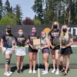 The Sequim girls tennis team celebrates a Class 1A/2A/3A Olympic League Tournament title on April 29, to go along with the Wolves regular season title. From left, the doubles duo of Melissa Porter and Allie Gale finished fourth, singles champion Kalli Wiker, Olivia Preston was fourth in singles and doubles champions McKenna Hastings and Kendall Hastings. Submitted photo