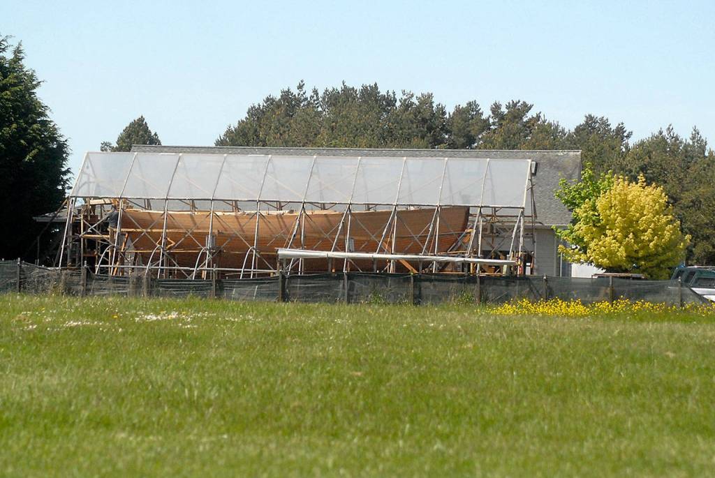 The racing cutter Tally Ho sits under a protective covering last week in rural Sequim. Photo by Keith Thorpe/Olympic Peninsula News Group