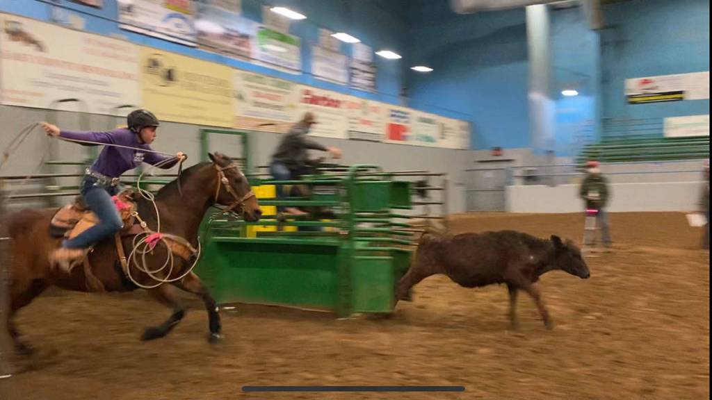 Sequims Libby Swanberg ropes a first place finish in breakaway roping at the third district meet of the season. Submitted photos